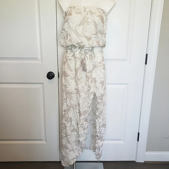 NWT Surf Gypsy Tan White Tropical Floral Strapless Slit Maxi Dress Swim Cover S - Picture 2 of 11